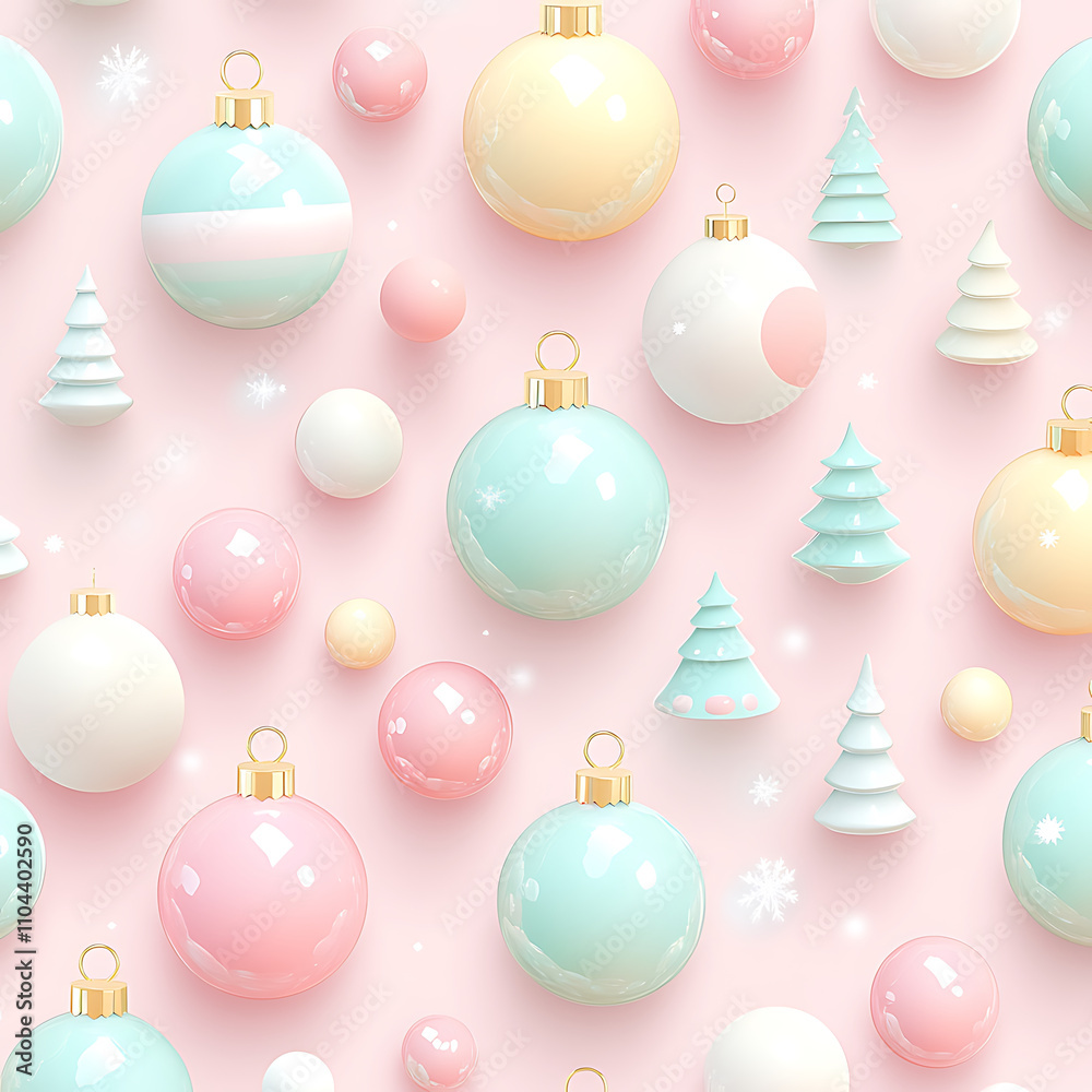 Pastel Christmas ornaments and trees create festive, cheerful pattern. soft colors and playful shapes evoke joyful holiday spirit, perfect for seasonal designs Pastel Christmas ornaments and trees create festive, cheerful pattern. soft colors and playful shapes evoke joyful holiday spirit, perfect for seasonal designs