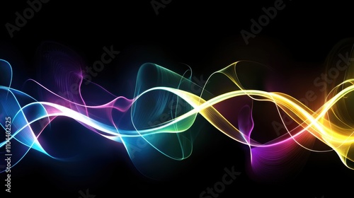 Wallpaper Mural A vibrant abstract background featuring overlapping glowing wave patterns in neon shades of cyan, violet, and yellow, set against a dark backdrop. The fluid, dynamic design evokes energy and modern  Torontodigital.ca