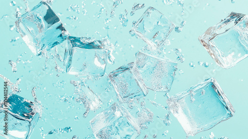 Painting of ice cubes in water. The painting is blue and white