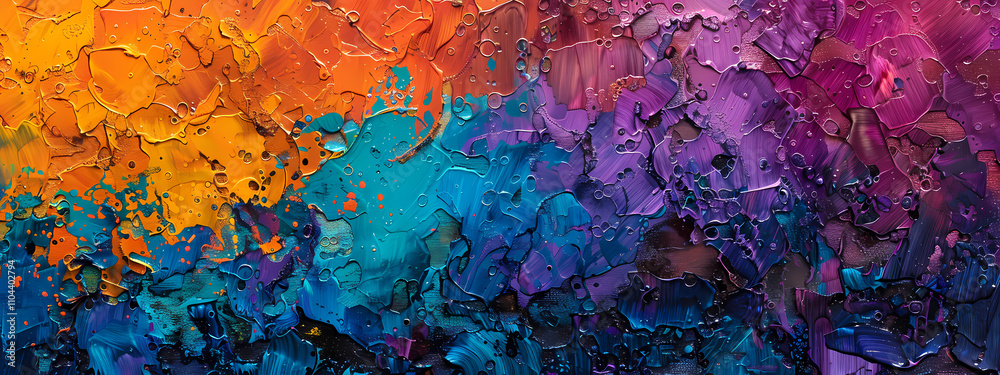 A vibrant abstract painting featuring a harmonious blend of orange, blue, and purple hues, showcasing liquid textures and depth.