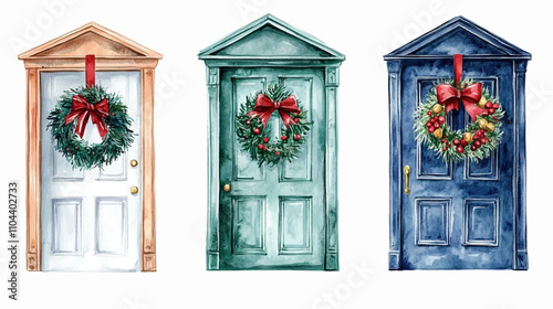 Home decoration set in the winter with a Christmas wreath on the door. Art vector illustration painted with watercolors on a white background