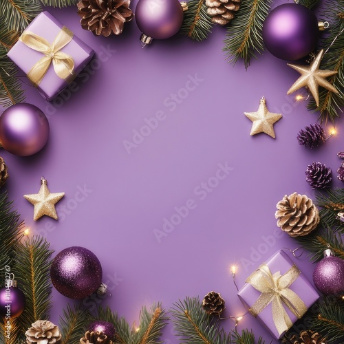 Purple Christmas card. Frame with fir branches, pine cones, purple glitter balls, gift boxes and stars with empty space inside