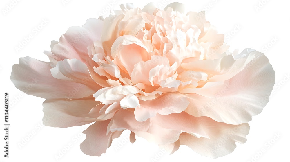 Realistic display of a single peony in full bloom with ruffled petals in soft pink hues on a white background, highlighting its lush, layered texture and gentle curves Realistic display of a single peony in full bloom with ruffled petals in soft pink hues on a white background, highlighting its lush, layered texture and gentle curves