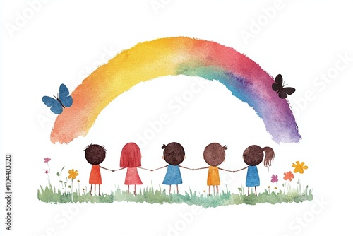 Group of diverse children holding hands under a rainbow in a flowery meadow, watercolor illustration with bright colors and copy space, cheerful and inclusive design for posters, invitations, or greet