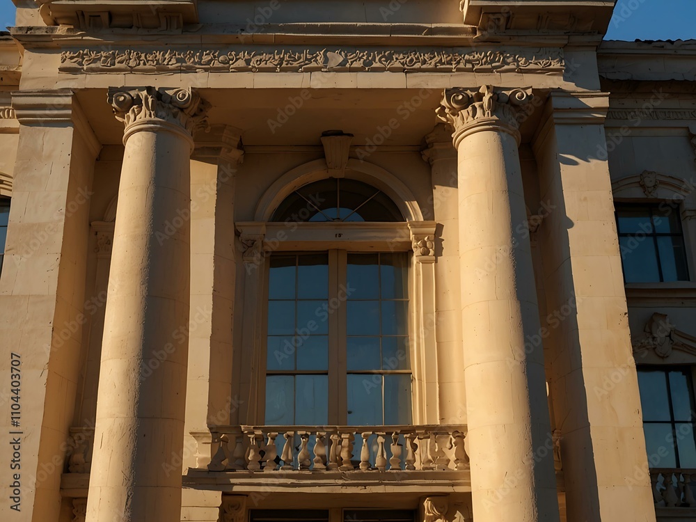 Obraz premium Classic building with columns bathed in warm morning light.