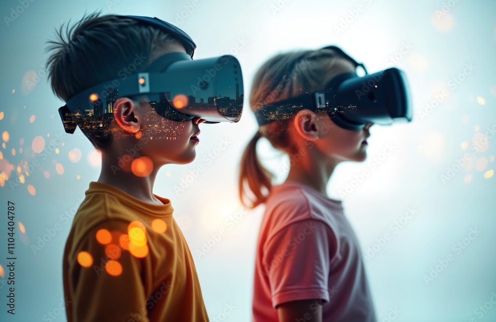 Two children wear VR headsets exploring virtual world. Cityscape reflected in VR glasses. Kids seem engaged in interactive digital simulation. Future tech innovation in education, entertainment.