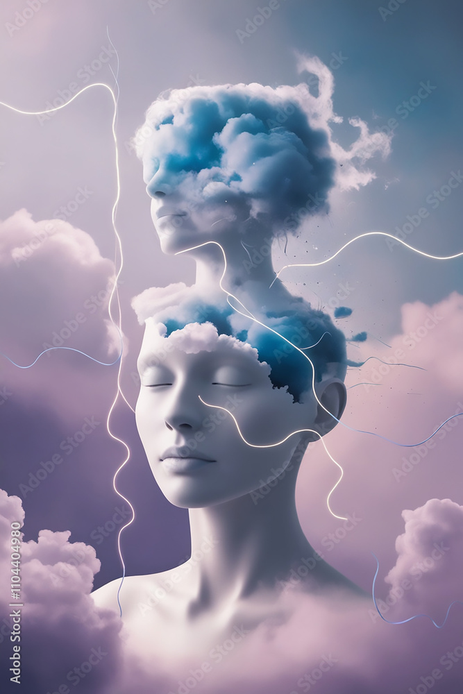Obraz premium Surreal mental health concept, human figure dissolving into clouds, glowing threads of connection, ethereal colors.