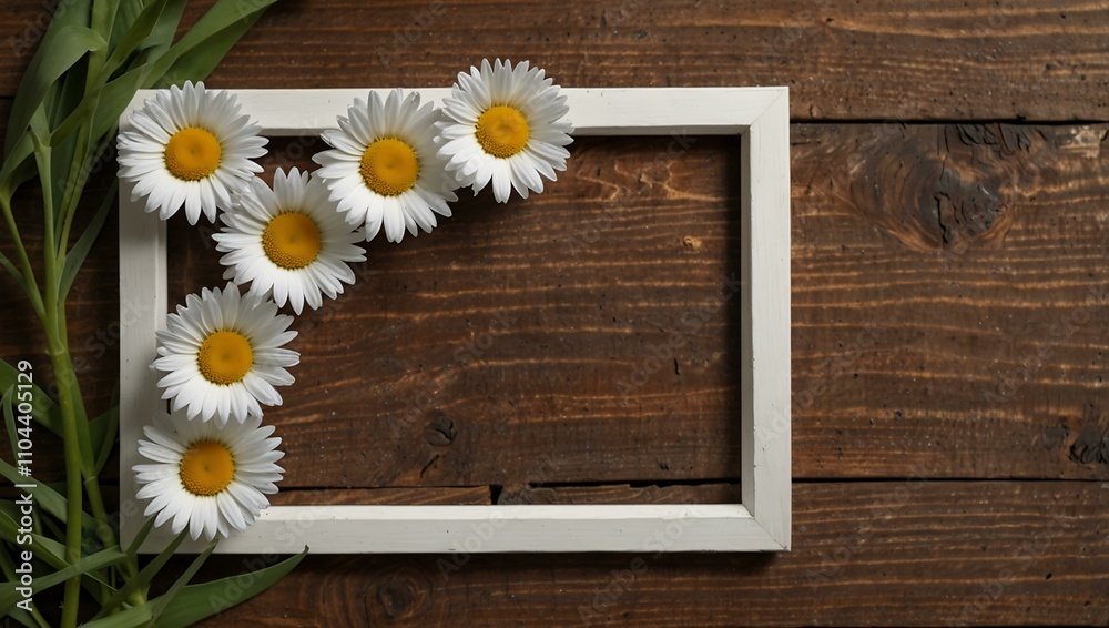 Obraz premium Clean white paper framed by fresh daisies on wood.