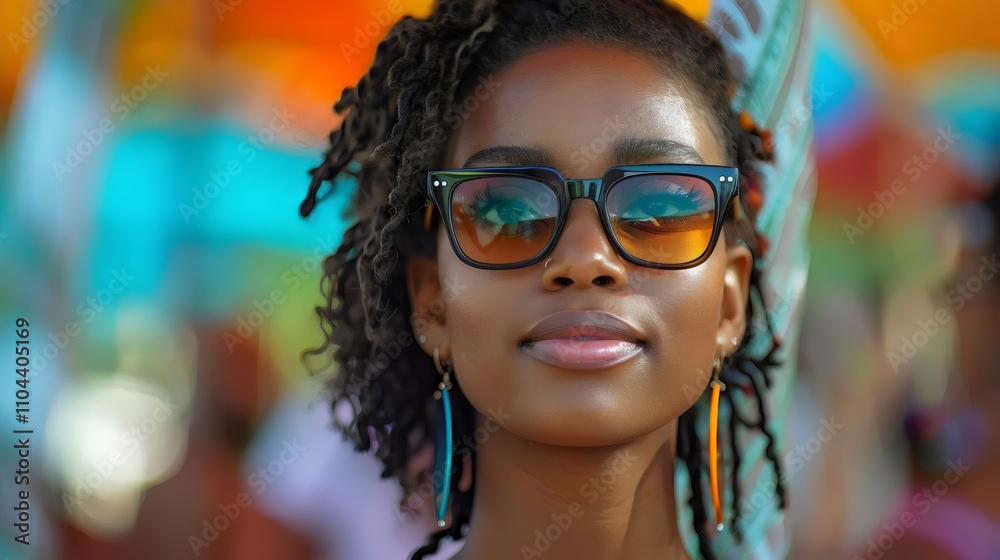 A woman with a black and blue pair of sunglasses is smiling A woman with a black and blue pair of sunglasses is smiling