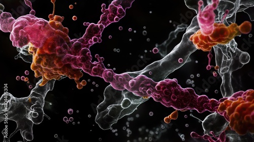 Microscopic view of dynamic protein interaction. Actin, spectrin proteins linked in cell cytoskeleton. Complex molecular structure interaction visible. Cellular process visualized through advanced
