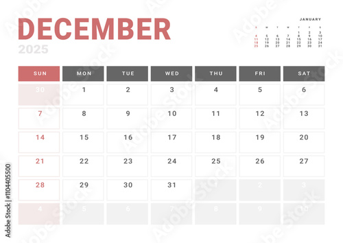 Monthly page Calendar Planner Template of December 2025. Vector layout of calendar with week start Monday for Scheduling. Page for size A4 or 21x29.7 cm