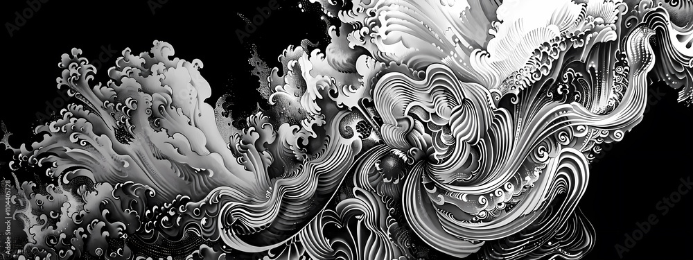 A dynamic abstract black and white swirl of intricate patterns ...