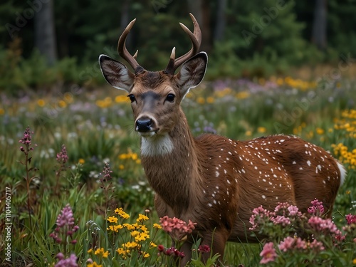 Clear shot of a deer amidst flowers on Vancouver Island. photo