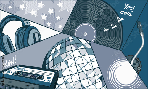 Fantasy collage with vinyl record, disco ball, audio cassette, headphones and other vintage elements in 80s style. Blue palette. Vector illustration