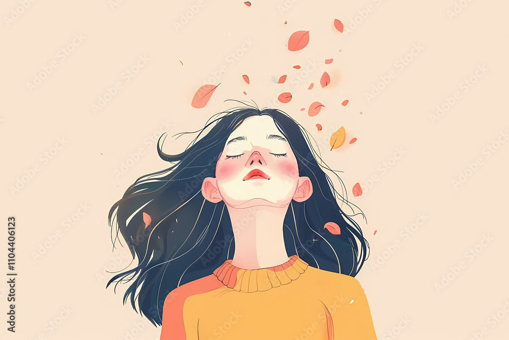 A young East Asian woman in a cozy orange sweater, her eyes closed as autumn leaves gently fall around her, evoking a serene mood. A young East Asian woman in a cozy orange sweater, her eyes closed as autumn leaves gently fall around her, evoking a serene mood.