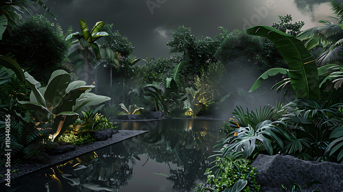 midnight jungle dreams, midnight landscape with shadowy greenery, stone structures, black pool under soft light, moody color palette, and ethereal quality photo