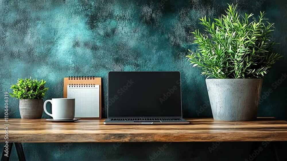 Modern workspace with laptop, plants and coffee Modern workspace with laptop, plants and coffee