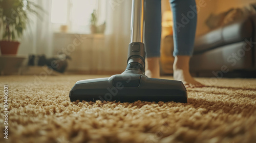 Vacuum cleaner in focus: Show a sleek, modern vacuum cleaner head moving across a textured brown carpet, leaving visible cleaned areas to contrast with uncleaned sections.
