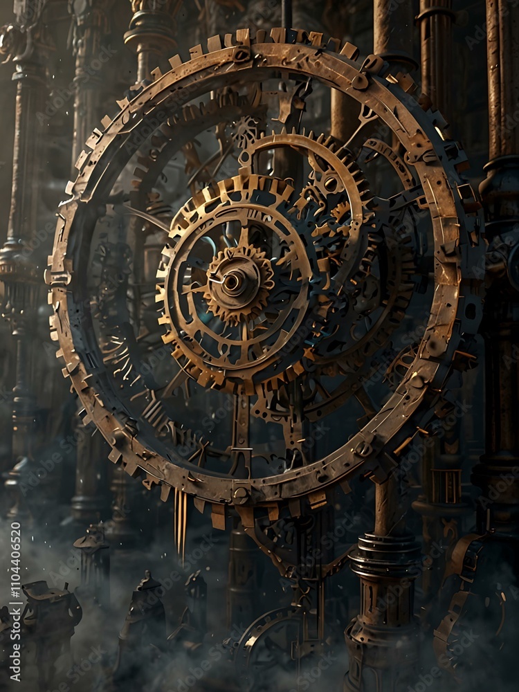 Obraz premium Clockwork city with gears and cogs emitting delicate smoke.
