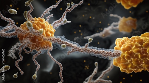 Microscopic view shows dynamic protein crosslinking. Actin, spectrin proteins interact. Cell cytoskeleton structure highlighted. Complex cellular mechanisms revealed. Biomolecule interactions visible. photo