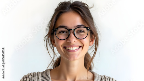 young american woman with glasses smiling isolated