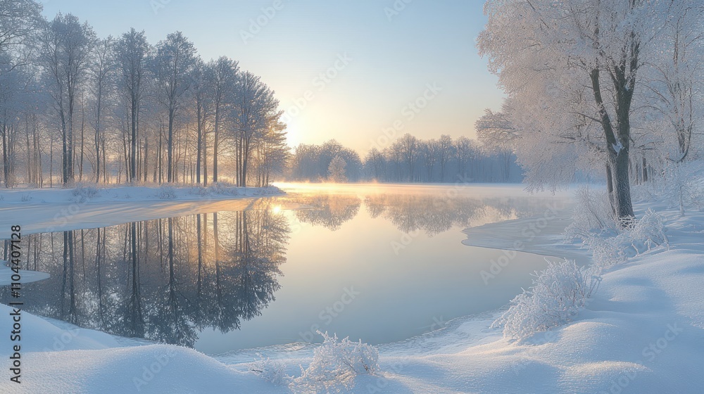 Serene winter sunrise over frosty lake reflecting trees. Serene winter sunrise over frosty lake reflecting trees.