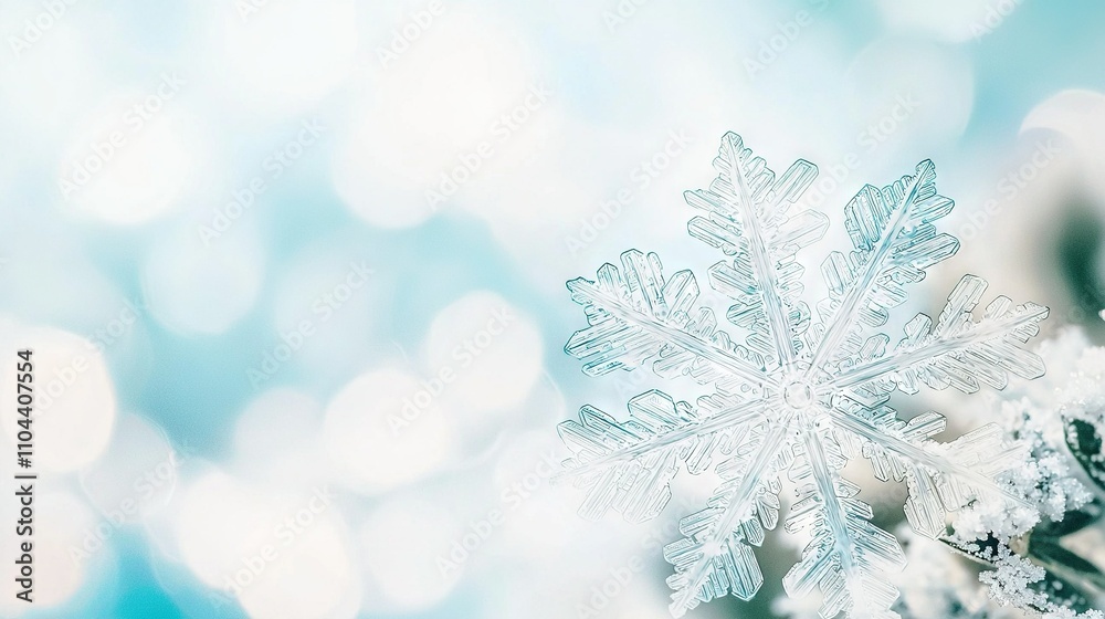 A close-up image of a snowflake ornament on a branch with blurry lights surrounding it A close-up image of a snowflake ornament on a branch with blurry lights surrounding it