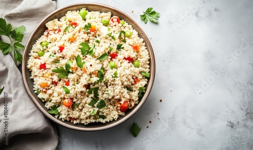 Couscous salad with vegetables and herbs, vibrant colors, fresh ingredients, parsley, bell peppers, green onions, healthy dish