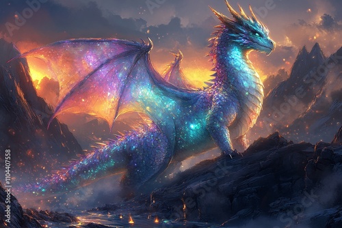 Fantasy dragon with glowing multicolored scales in a mountainous landscape, digital artwork with magical and ethereal atmosphere, concept art for mythical themes, perfect for posters or storytelling 
 photo