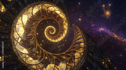 Spiral staircase illuminated with golden light ascending through a cosmic expanse filled with stars
