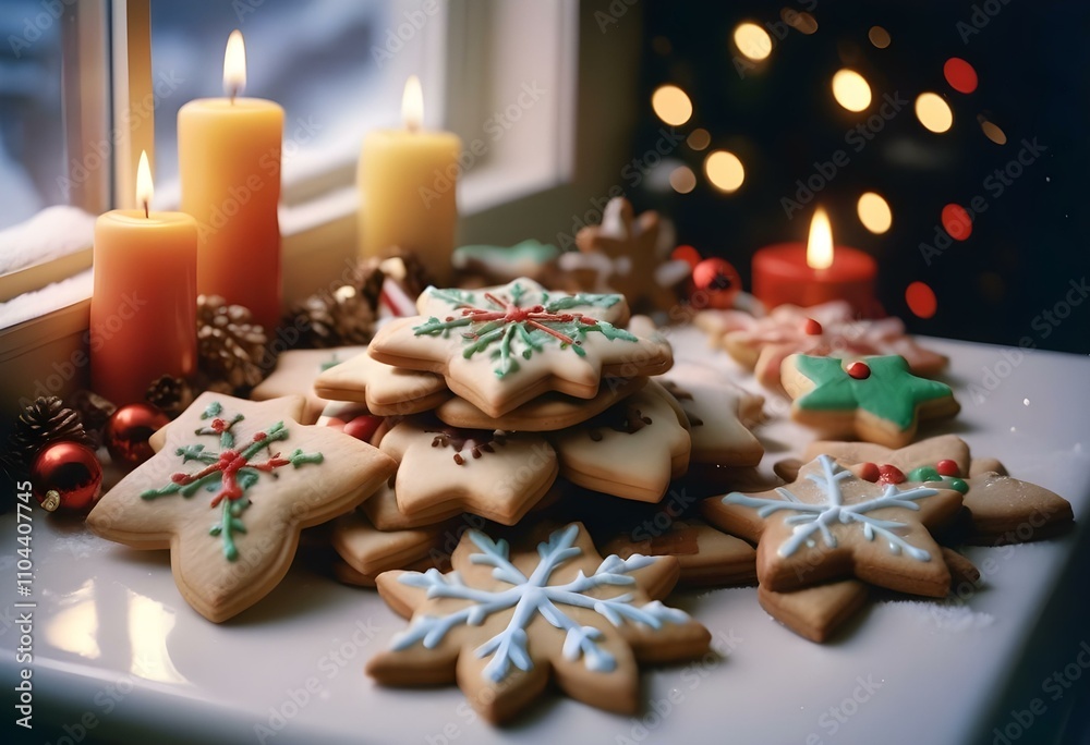 Close-up of an assortment of Christmas cookies with a background of a snowy window and warm, glowing candles, creating a festive holiday atmosphere., snowing outside the window Close-up of an assortment of Christmas cookies with a background of a snowy window and warm, glowing candles, creating a festive holiday atmosphere., snowing outside the window