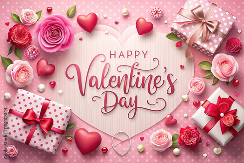 Happy Valentine's Day greeting card with roses, hearts, gifts, and pearls on pink background.