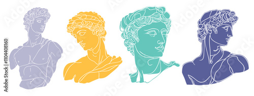 A set of ancient greek god statue sculptures in a modern abstract line art style
