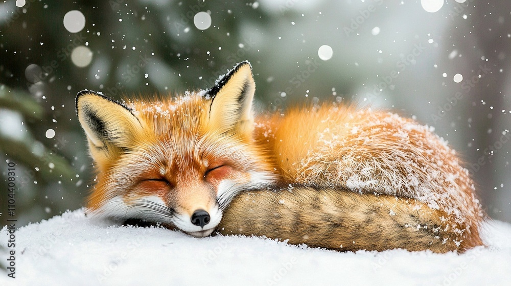 Obraz premium Red Fox Sleeping in Snow with Head on Back