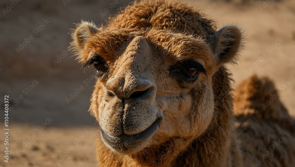 Fototapeta premium Close-up of a camel's face with a cheerful expression.