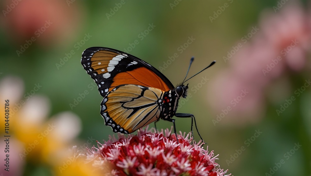 Close-up of a colorful butterfly perched on a flower. Close-up of a colorful butterfly perched on a flower.