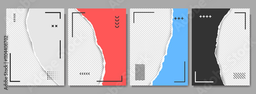 Vector illustration. Torn paper effect overlay set. Design element for poster, invitation, layout, magazine, book cover. Decorative art. A4 size layer with 3d shadow effect and memphis pattern frame