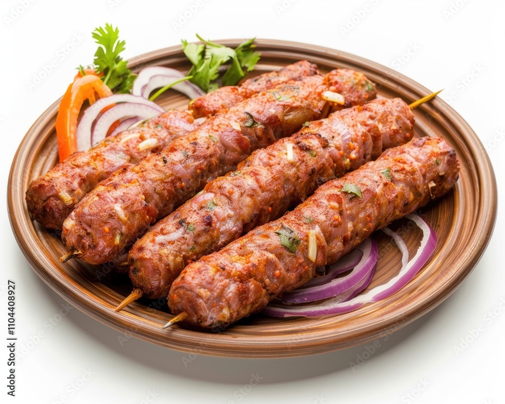 A vibrant plate of skewered kebabs served with onions and fresh herbs, showcasing rich colors and textures. A vibrant plate of skewered kebabs served with onions and fresh herbs, showcasing rich colors and textures.