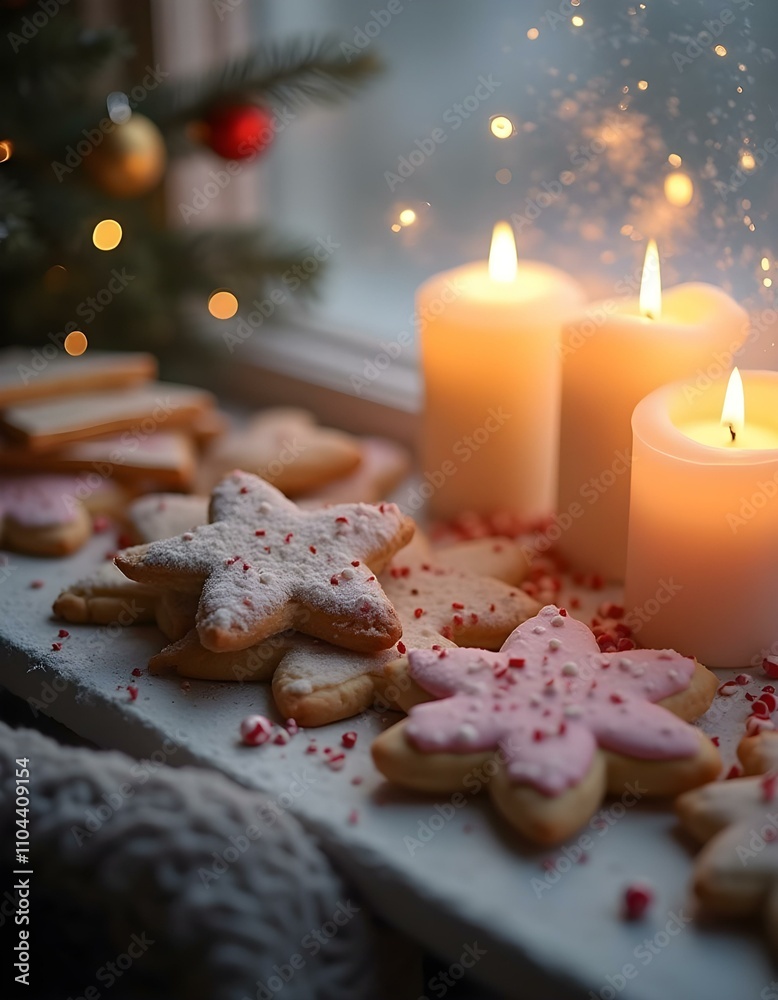 Close-up of an assortment of Christmas cookies with a background of a snowy window and warm, glowing candles, creating a festive holiday atmosphere., snowing outside the window Close-up of an assortment of Christmas cookies with a background of a snowy window and warm, glowing candles, creating a festive holiday atmosphere., snowing outside the window