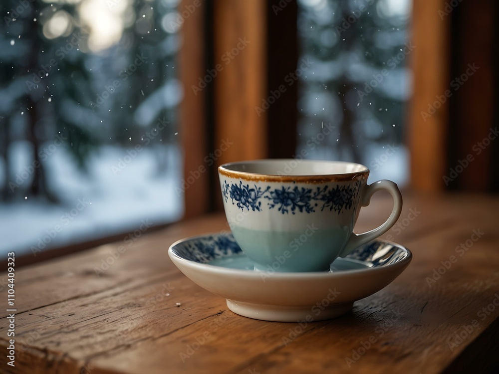Obraz premium Close-up of a cup of tea on the edge of a table in a cozy winter cabin.