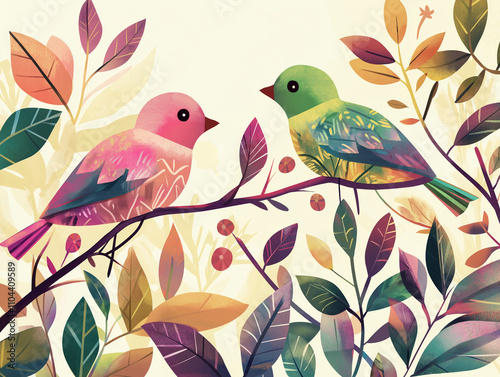 Wallpaper Mural  Zwei stilisierte Vögel zwischen buntem Laub Torontodigital.ca