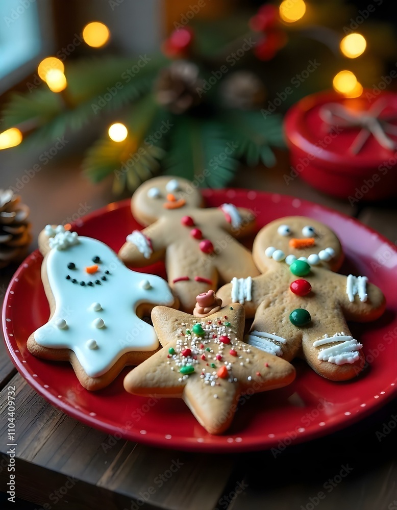 Close-up of an assortment of Christmas cookies with a background of a snowy window and warm, glowing candles, creating a festive holiday atmosphere., snowing outside the window Close-up of an assortment of Christmas cookies with a background of a snowy window and warm, glowing candles, creating a festive holiday atmosphere., snowing outside the window