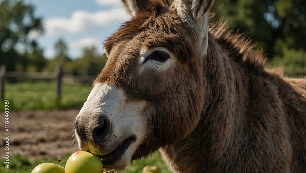 Fototapeta premium Close-up of a donkey eating apples on a farm.
