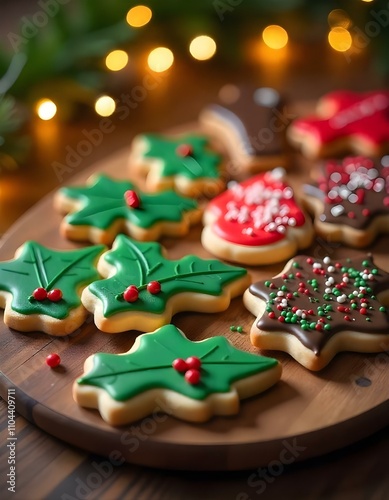 Close-up of an assortment of Christmas cookies with a background of a snowy window and warm, glowing candles, creating a festive holiday atmosphere., snowing outside the window