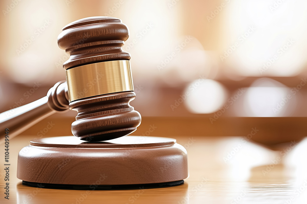 A judges gavel rests on a polished wooden surface, symbolizing justice and decision making in a courtroom setting A judges gavel rests on a polished wooden surface, symbolizing justice and decision making in a courtroom setting