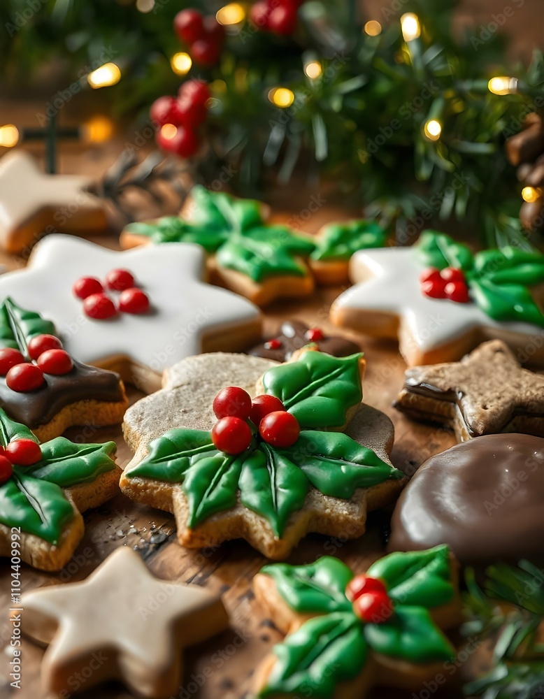 Close-up of an assortment of Christmas cookies with a background of a snowy window and warm, glowing candles, creating a festive holiday atmosphere., snowing outside the window Close-up of an assortment of Christmas cookies with a background of a snowy window and warm, glowing candles, creating a festive holiday atmosphere., snowing outside the window