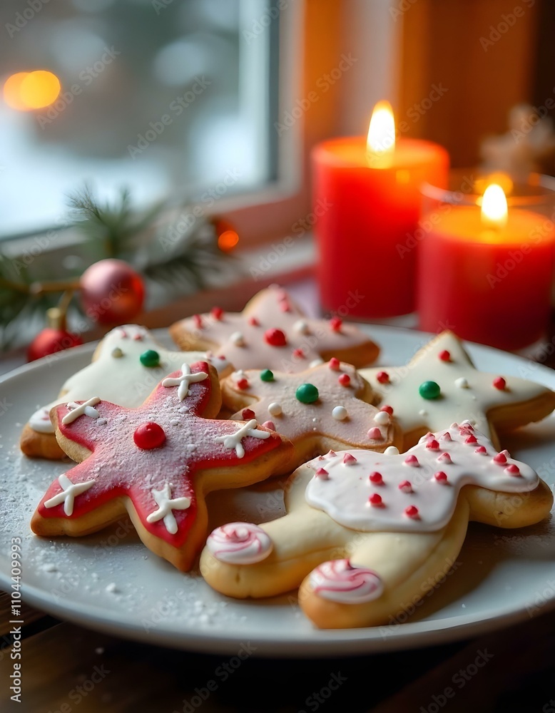 Close-up of an assortment of Christmas cookies with a background of a snowy window and warm, glowing candles, creating a festive holiday atmosphere., snowing outside the window Close-up of an assortment of Christmas cookies with a background of a snowy window and warm, glowing candles, creating a festive holiday atmosphere., snowing outside the window