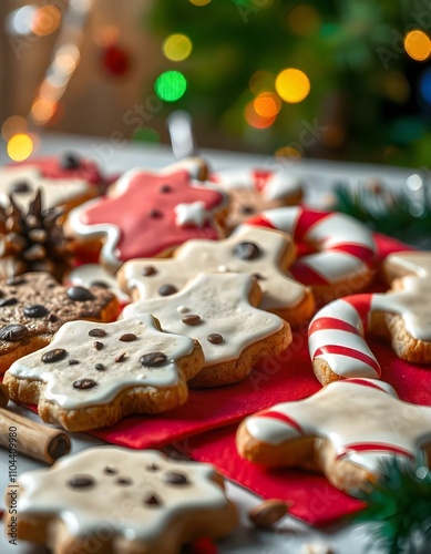 Close-up of an assortment of Christmas cookies with a background of a snowy window and warm, glowing candles, creating a festive holiday atmosphere., snowing outside the window