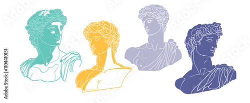 A set of ancient greek god statue sculptures in a modern abstract line art style