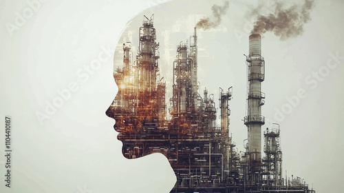 Future factory plant and energy industry concept in creative graphic design. Oil, gas and petrochemical refinery factory with double exposure arts showing next generation of power and energy business